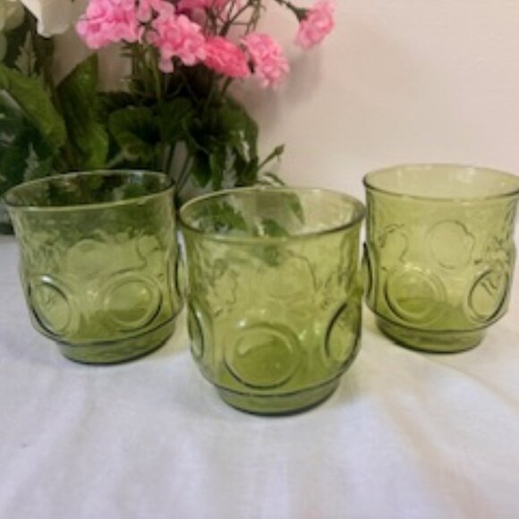 Anchor Hocking Avocado Green Heritage Hill Lowball Glasses – Retro 1970s Barware - Picture 1 of 4